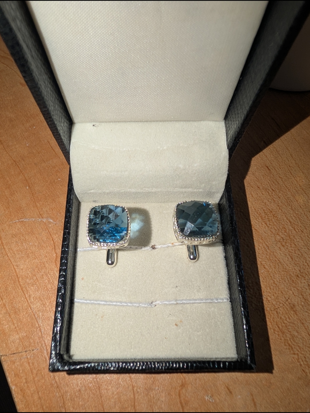 Blue Cushion Cut Cufflinks in Silver Setting